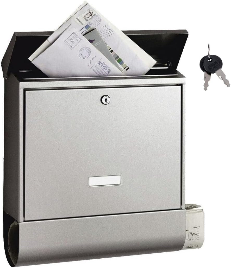 Wandbriefkasten aus gebürstetem Edelstahl mit Zeitungsfach