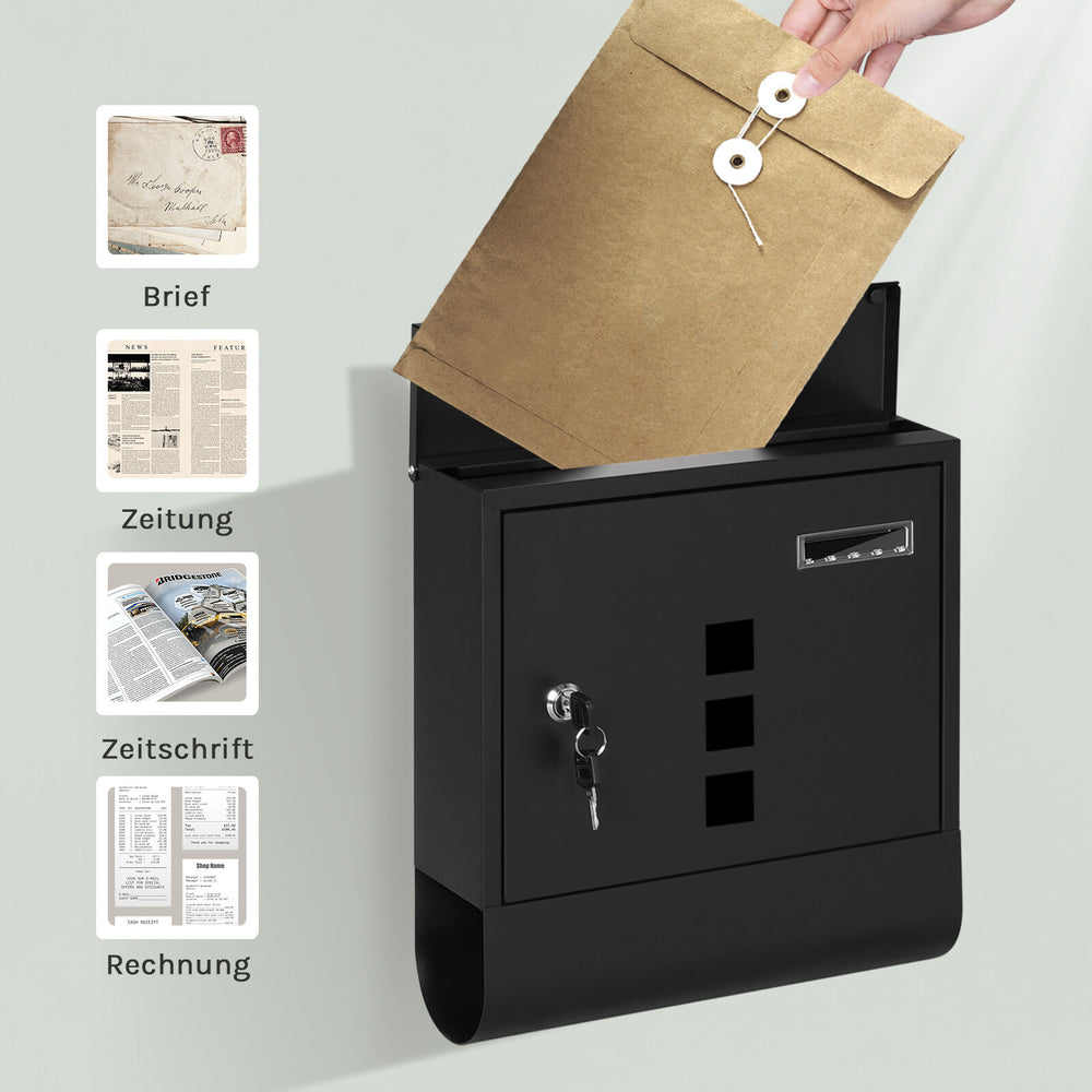 Wandbriefkasten Schwarz mit Zeitungsfach und Namensschild – Ansicht 8 von 11