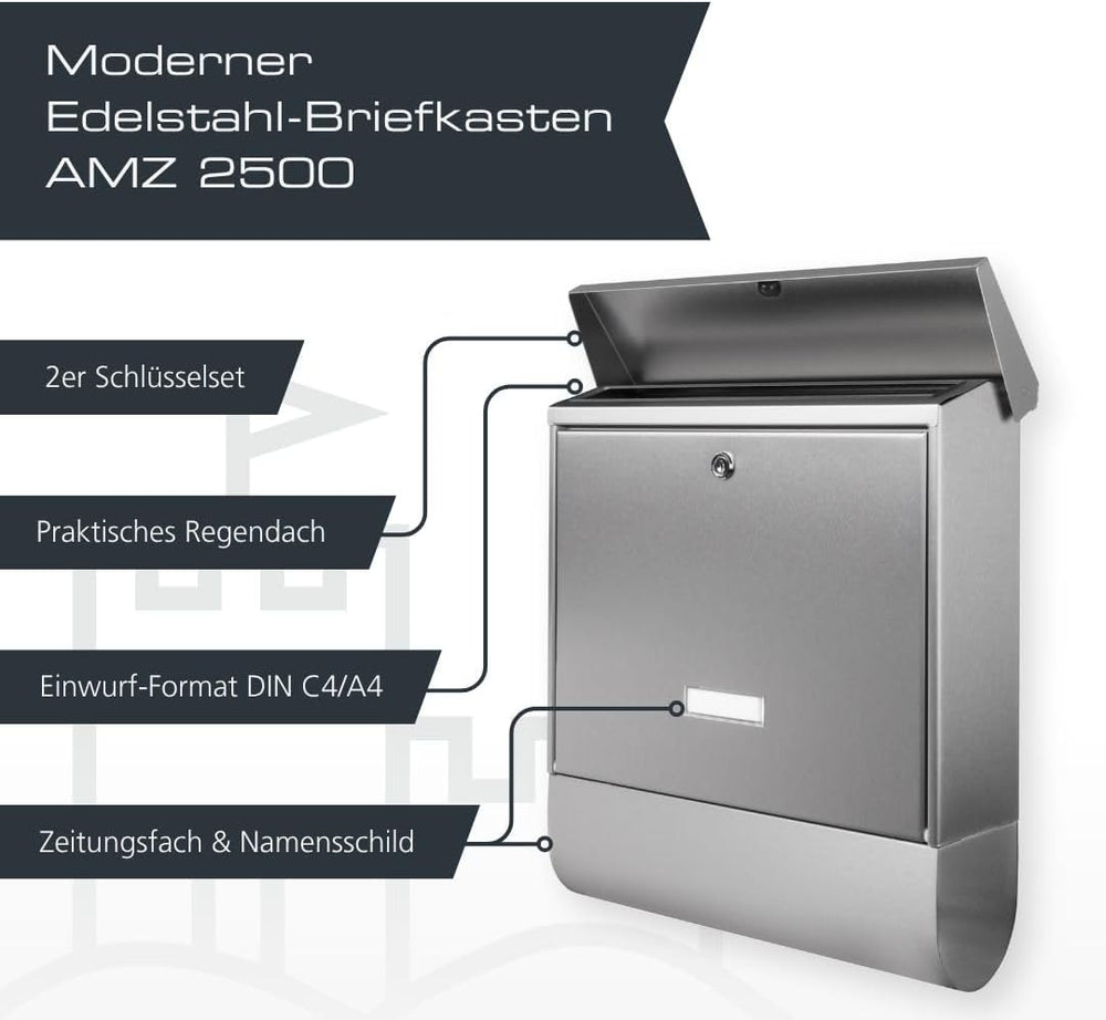 Wandbriefkasten Edelstahl mit Zeitungsfach – Ansicht 3 von 7