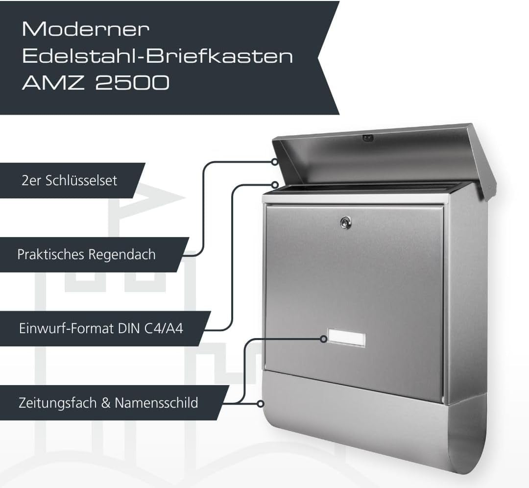 Wandbriefkasten Edelstahl mit Zeitungsfach – Ansicht 3 von 7