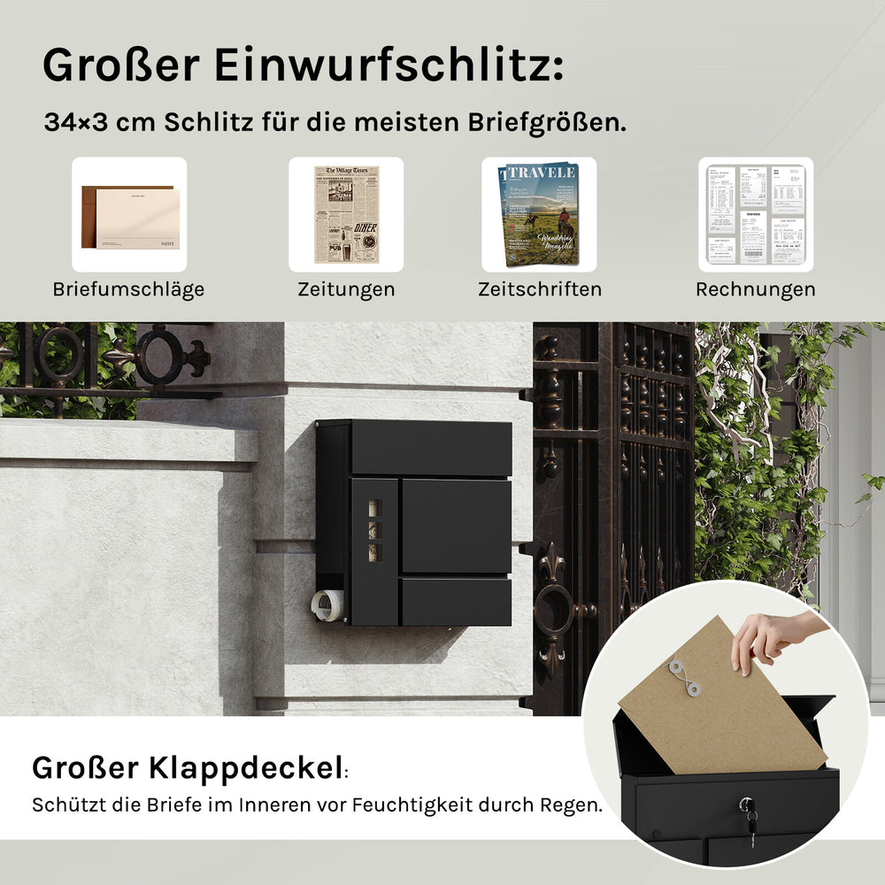 Wandbriefkasten Grau oder Schwarz mit Zeitungsfach, Ansicht 8
