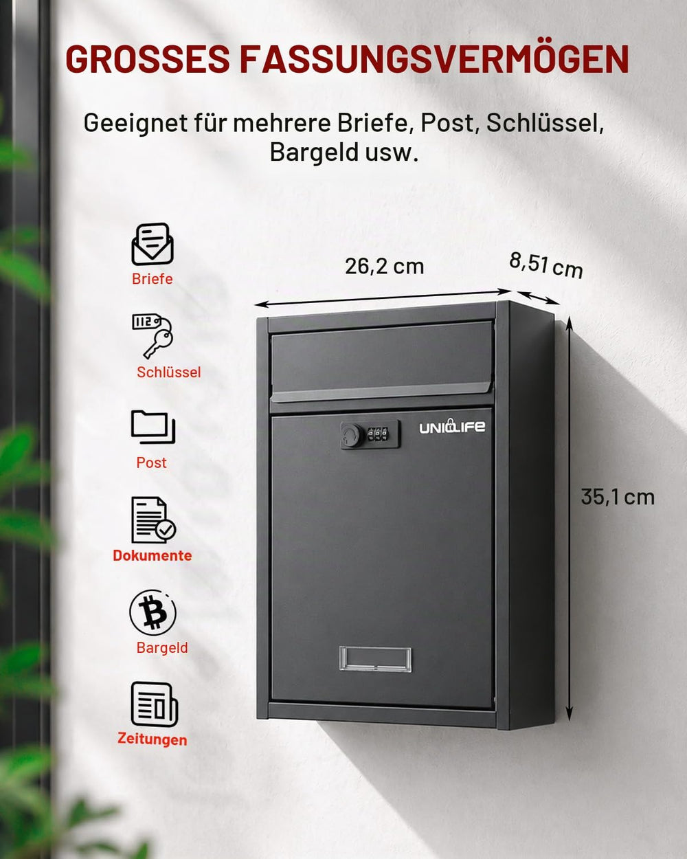Wandbriefkasten Schwarz schmal, Ansicht 3