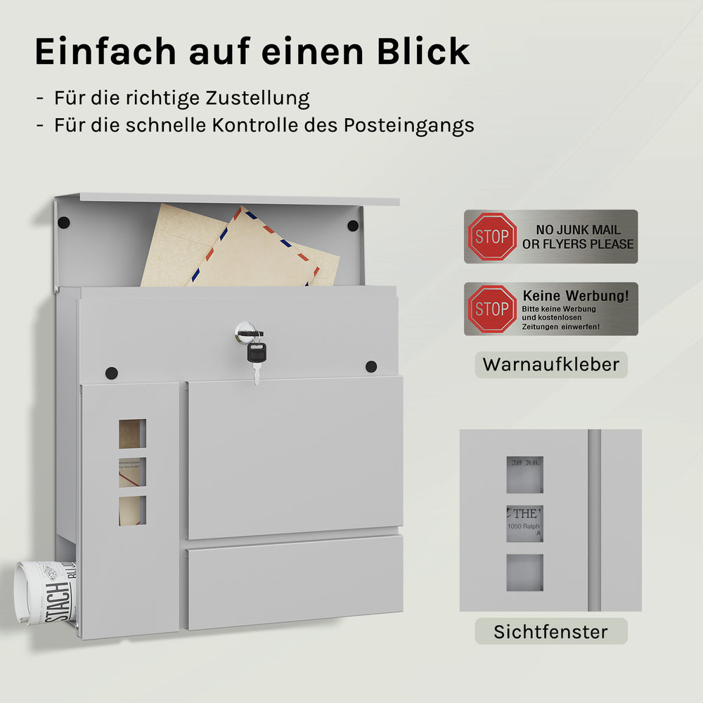 Wandbriefkasten Grau oder Schwarz mit Zeitungsfach, Ansicht 10