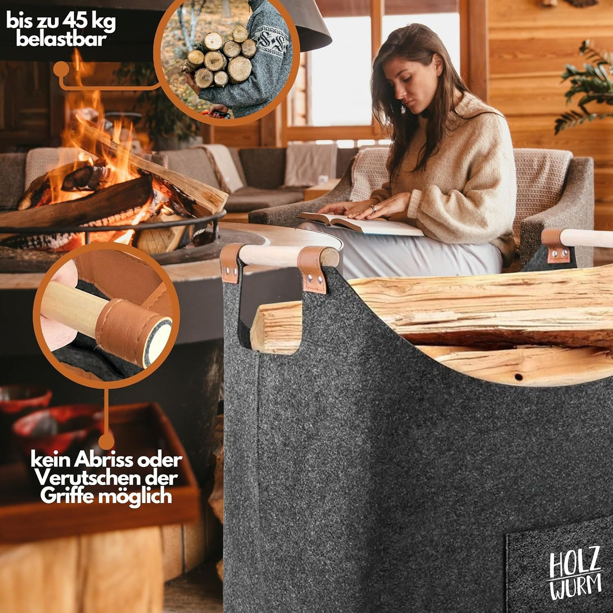 Holzkorb für Kaminholz Filz 60 Liter – Ansicht 3 von 6