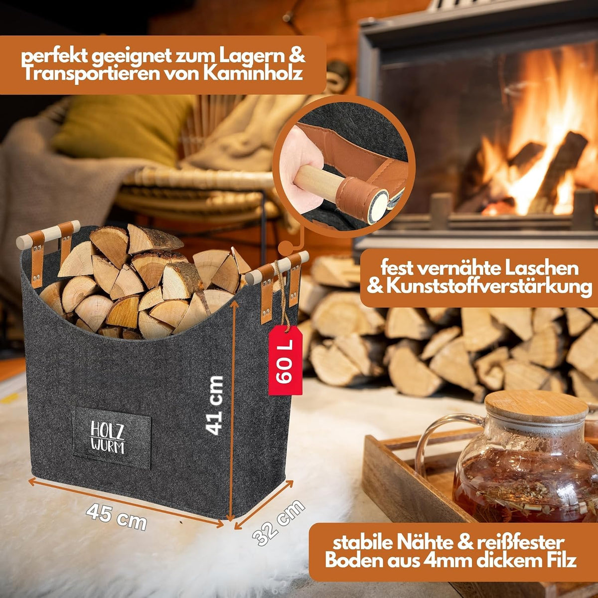 Holzkorb für Kaminholz Filz 60 Liter – Ansicht 2 von 6