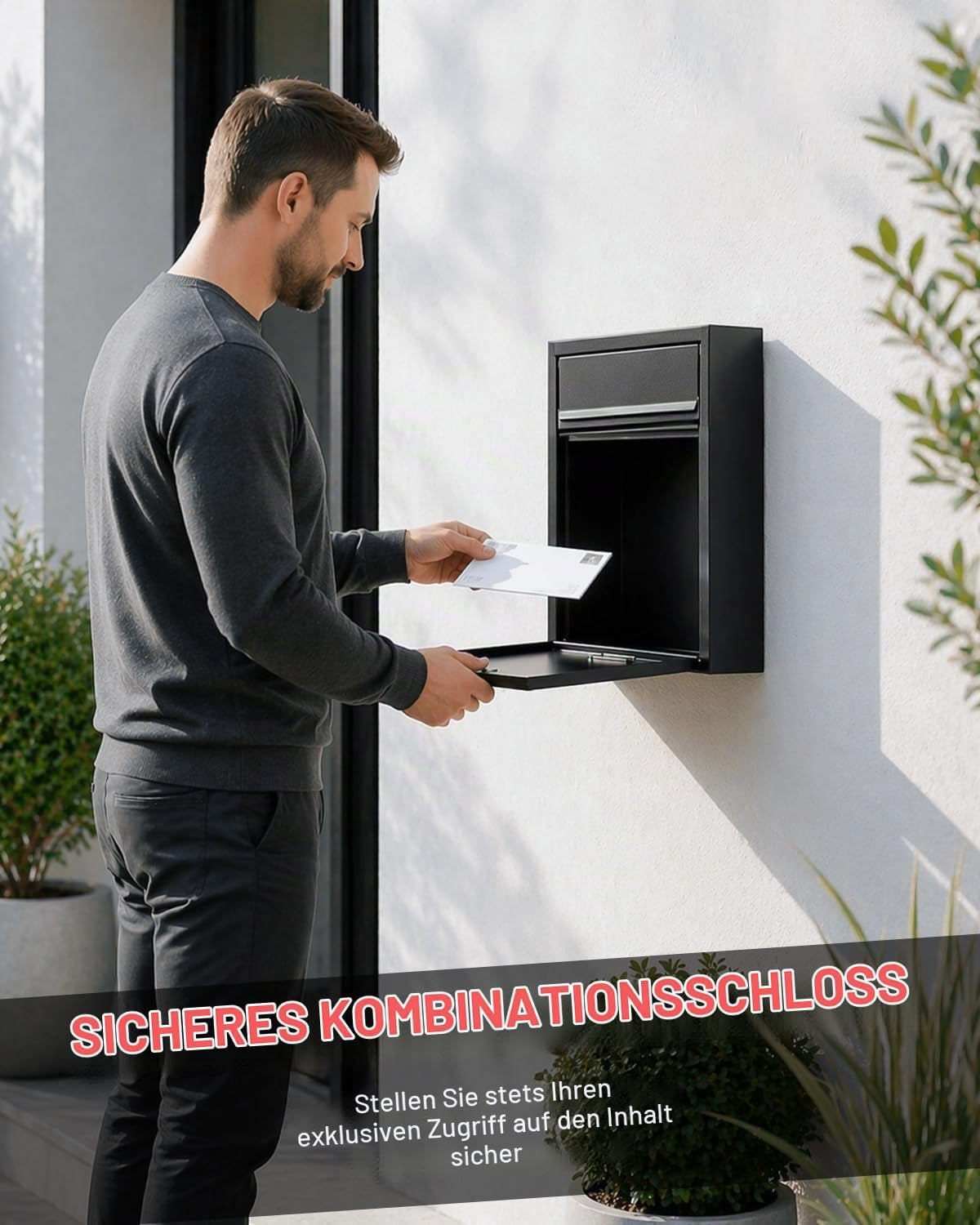 Wandbriefkasten Schwarz schmal, Ansicht 4