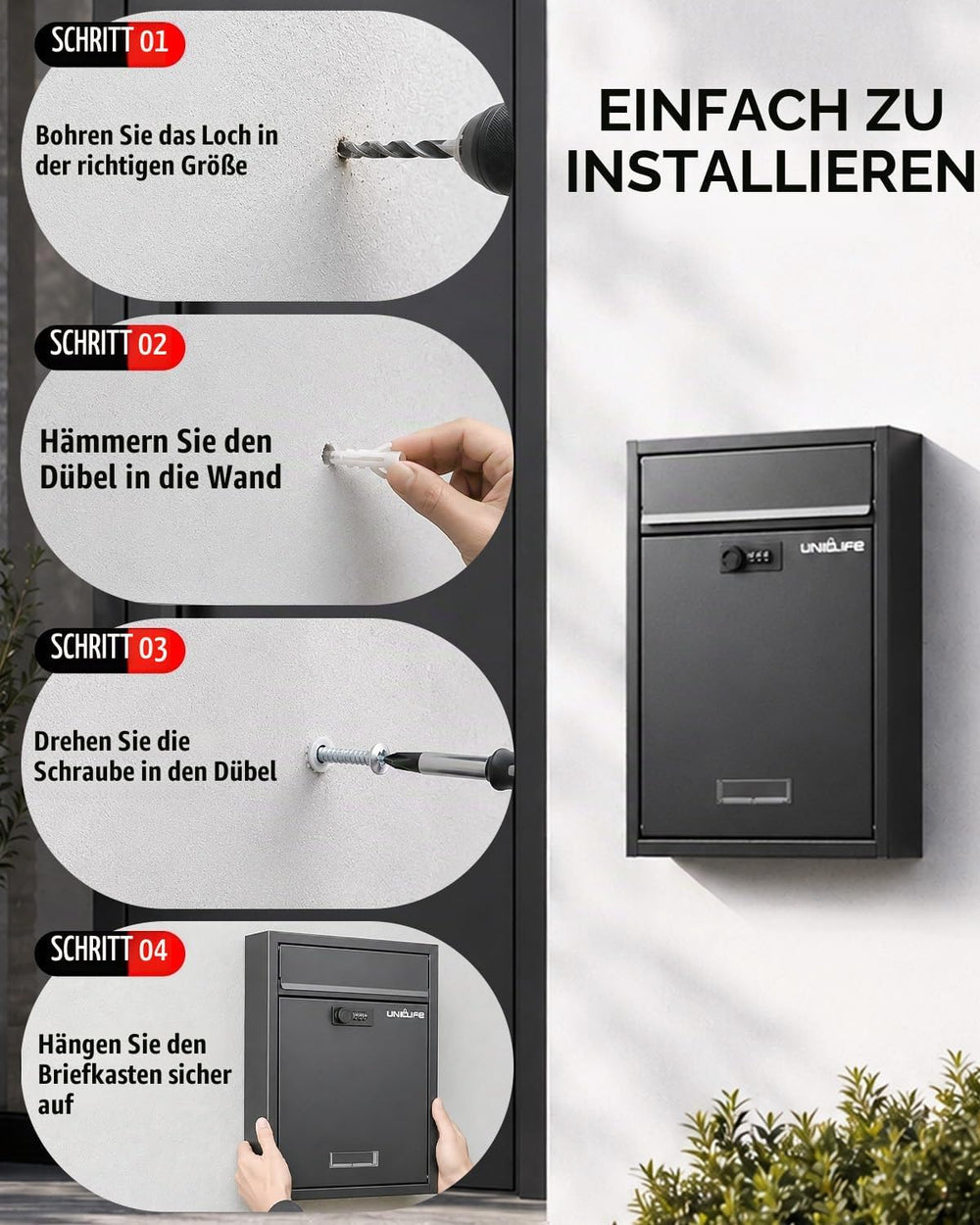 Wandbriefkasten Schwarz schmal, Ansicht 9
