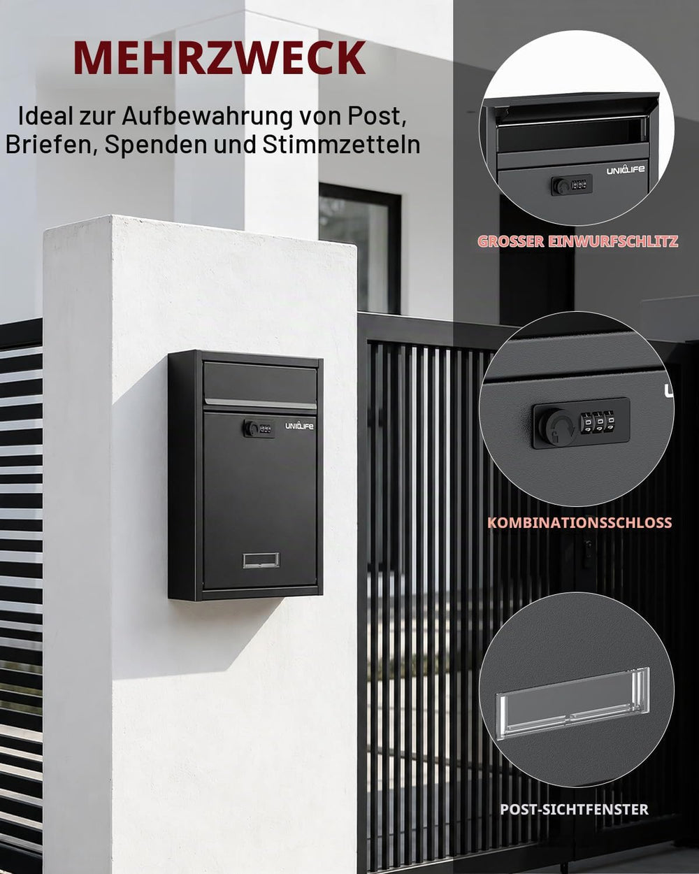 Wandbriefkasten Schwarz schmal, Ansicht 5