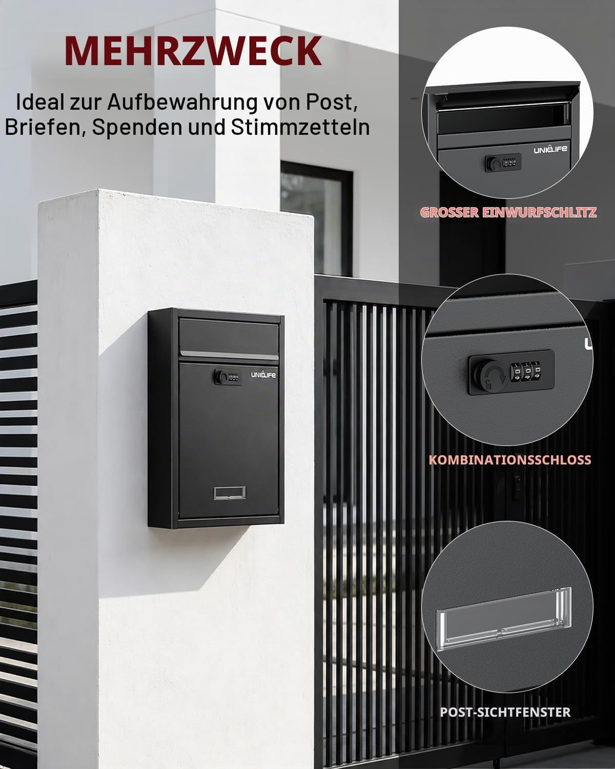 Wandbriefkasten Schwarz schmal, Ansicht 5