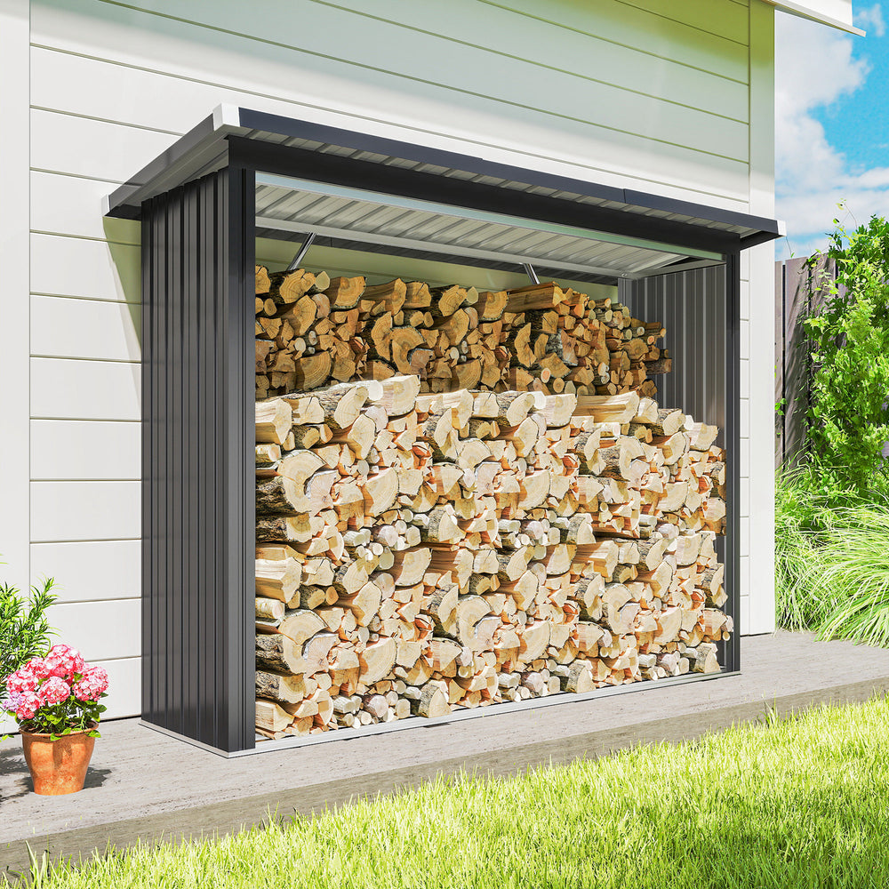 Kaminholzregal Außen Stahl 213 X 66,5 X 150 Cm Erhöhtes Brennholzregal Grau