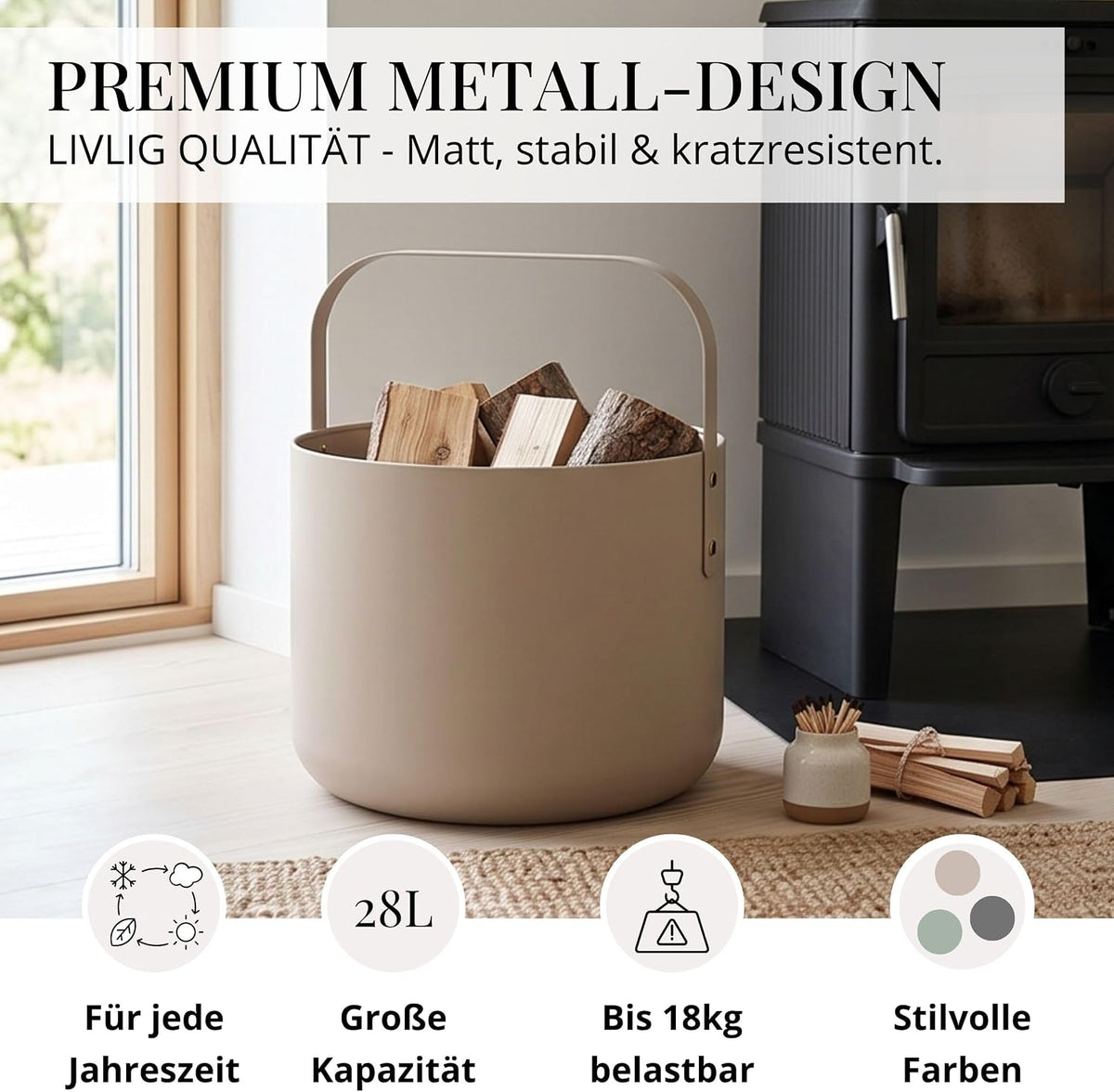 Kaminholzkorb Metall Beige modern – Ansicht 2 von 7