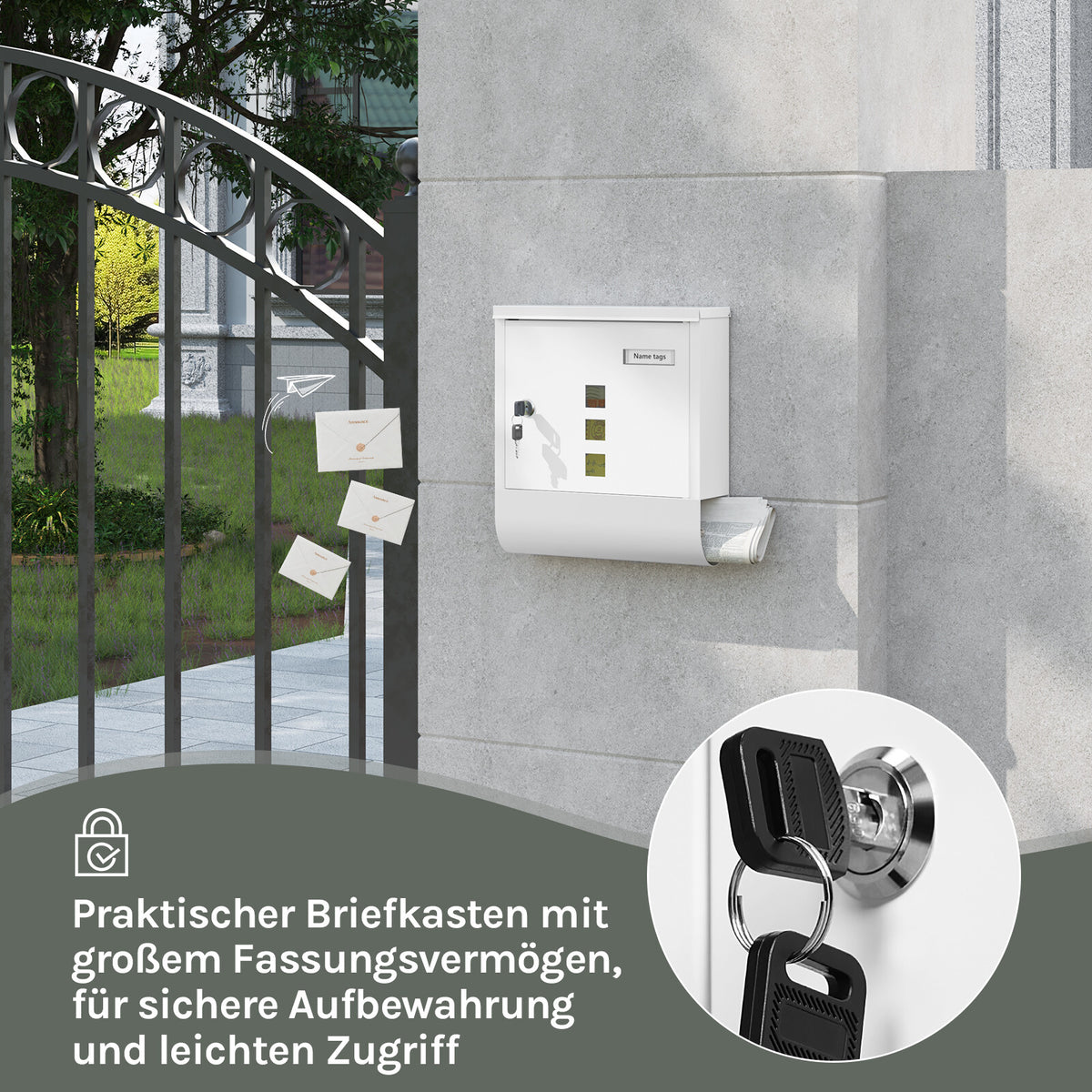 Wandbriefkasten Weiß mit Zeitungsfach und Namensschild, Ansicht 5