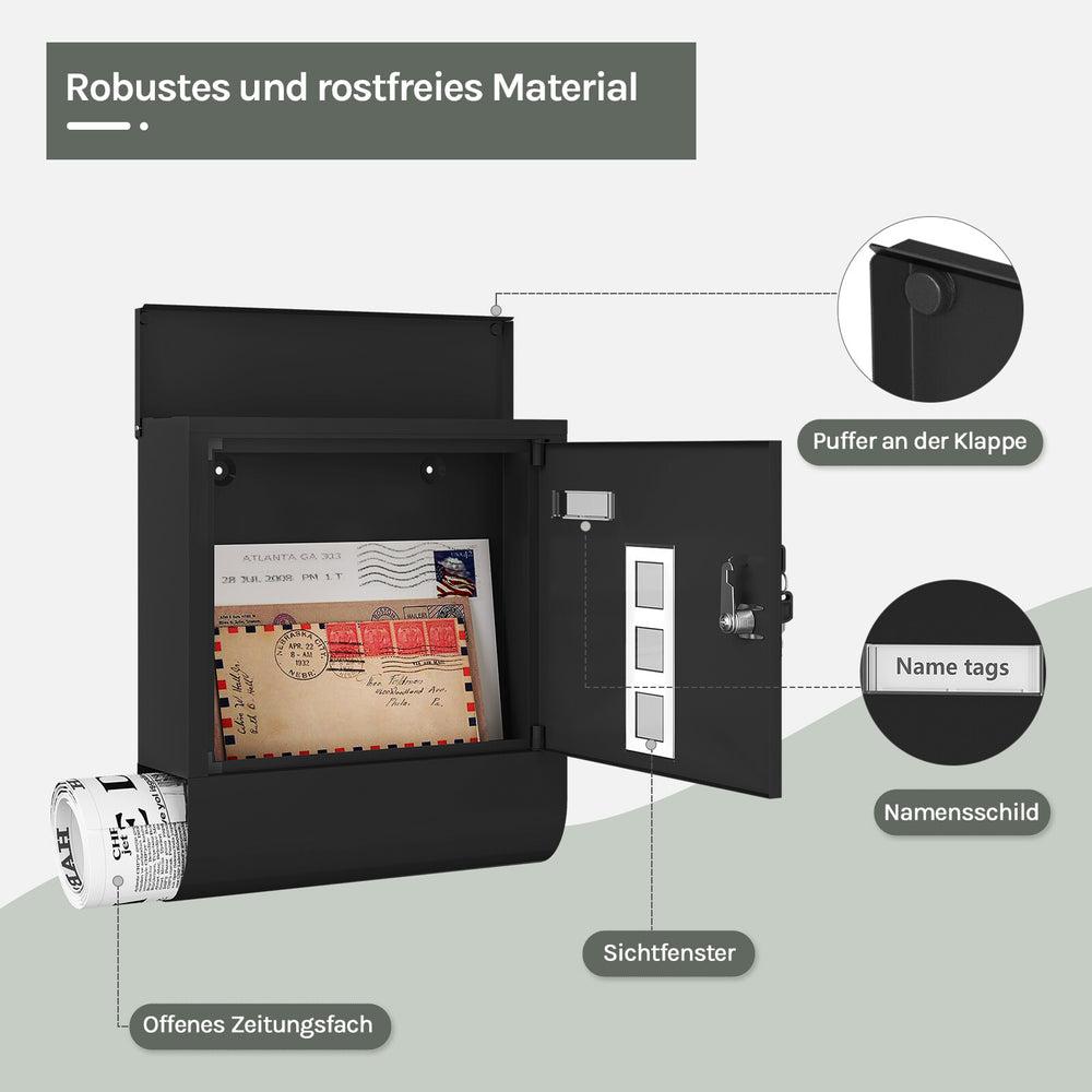 Wandbriefkasten Schwarz mit Zeitungsfach und Namensschild – Ansicht 10 von 11