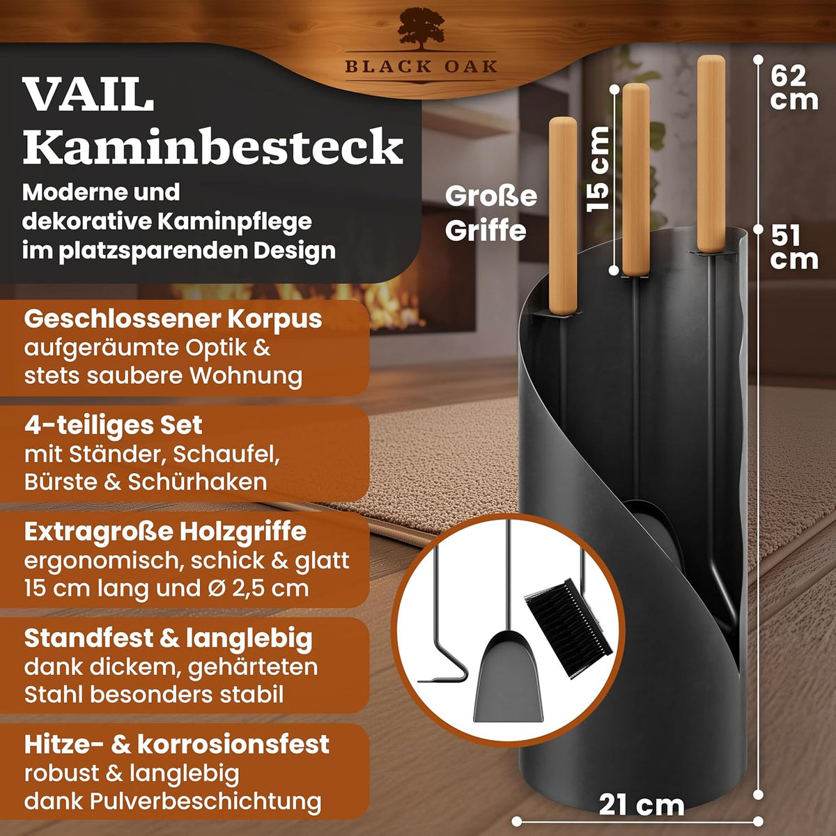 Kaminbesteck 4-teilig Schwarz modern – Ansicht 2 von 7