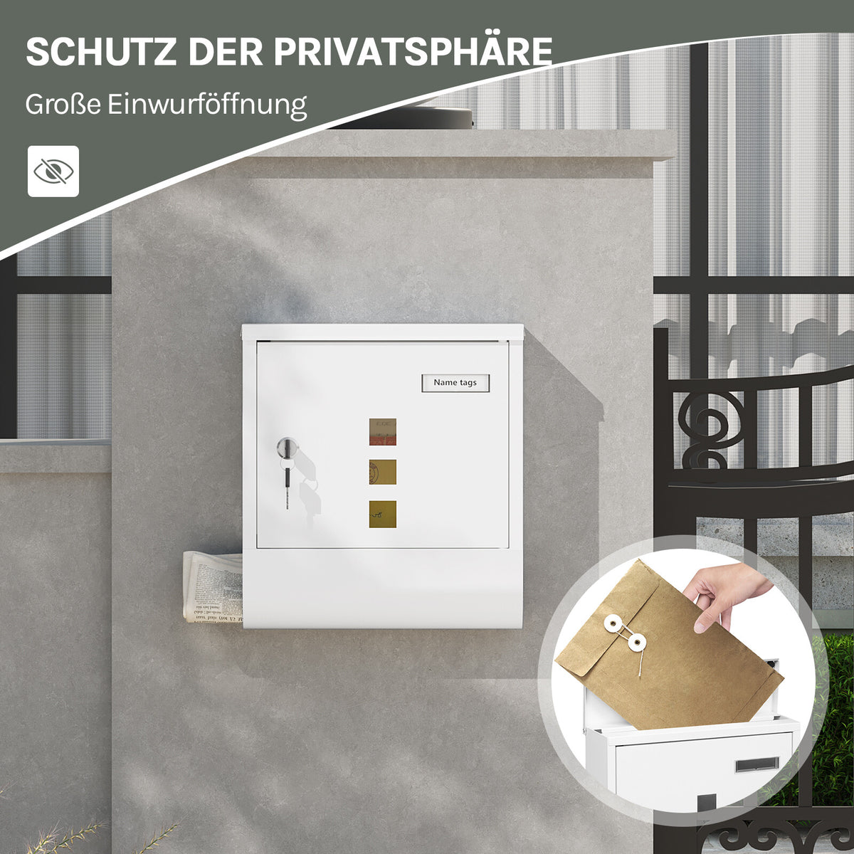 Wandbriefkasten Weiß mit Zeitungsfach und Namensschild, Ansicht 4