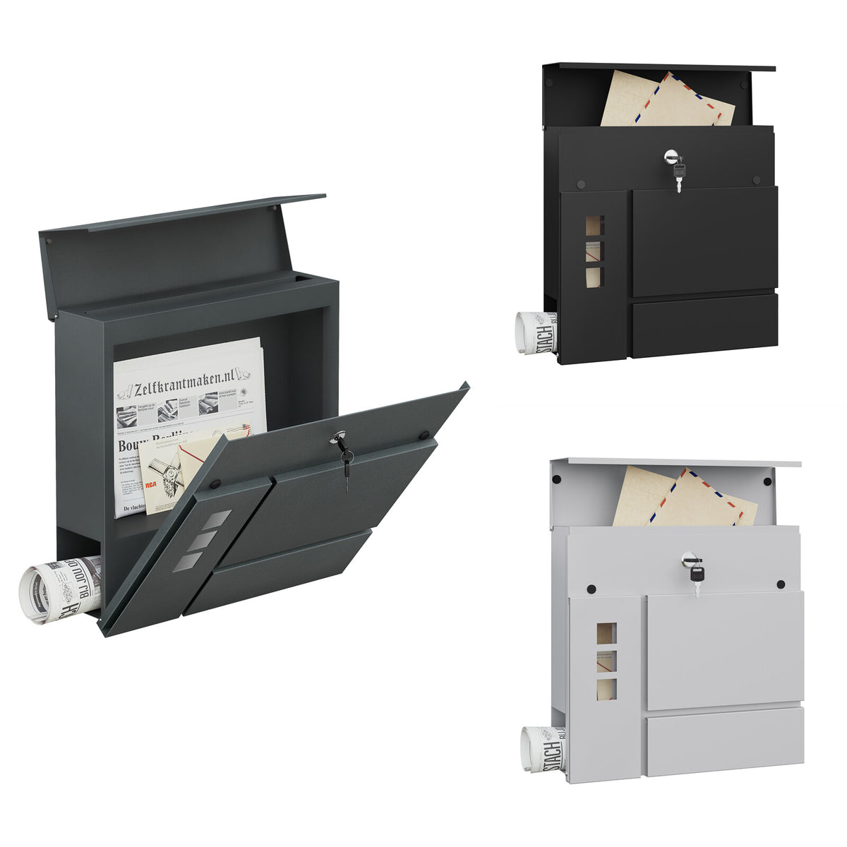 Wandbriefkasten Grau oder Schwarz mit Zeitungsfach, Ansicht 2