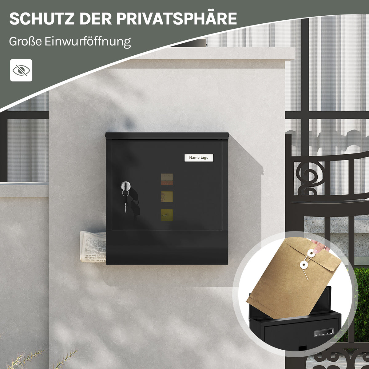 Wandbriefkasten Schwarz mit Zeitungsfach und Namensschild – Ansicht 5 von 11