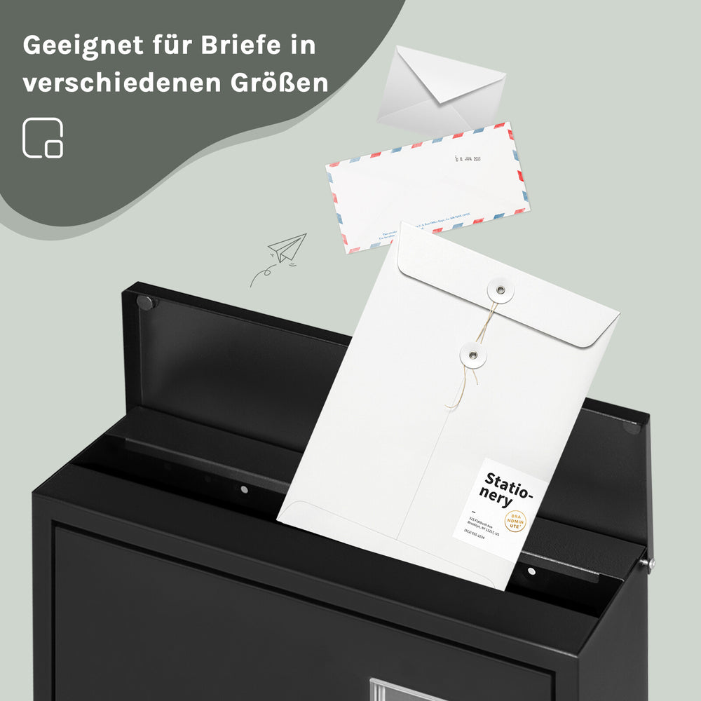 Wandbriefkasten Schwarz mit Zeitungsfach und Namensschild – Ansicht 9 von 11